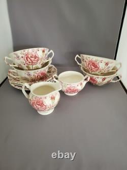 10 Pieces Johnson Bros Rose Chintz Pat. Cream Soups with Saucers Creamer Sugar