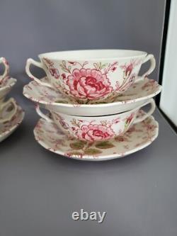 10 Pieces Johnson Bros Rose Chintz Pat. Cream Soups with Saucers Creamer Sugar