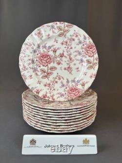 11 Johnson Brothers ROSE CHINTZ PINK 9 ¾ Dinner Plates 1883 Stamp EUC