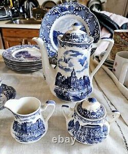 27p Old London Johnson Bros Blue Tea Coffee Cup Tepot Plate Sugar Bowl Ironstone