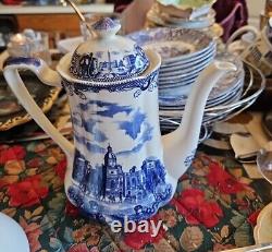 27p Old London Johnson Bros Blue Tea Coffee Cup Tepot Plate Sugar Bowl Ironstone