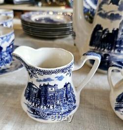 27p Old London Johnson Bros Blue Tea Coffee Cup Tepot Plate Sugar Bowl Ironstone