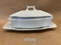 3 pc JOHNSON BROS White Square Ridged Ironstone Casserole Lid Underplate Platter