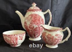 3 piece Vintage Johnson Bros. Mill Stream Pink Teapot, Tea Cup, Creamer