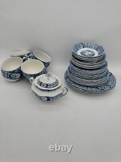 37 Pcs Set Antique Plates Bowls Cups Johnson Bros MONGOLIA GRAY Blue FLOW Rare