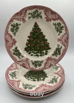 4 Johnson Bros Old Britain Castles Pink Christmas Dinner Plates Green Tree 10.5