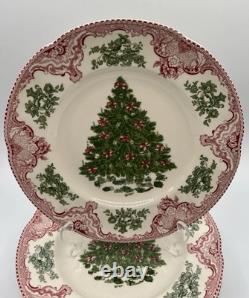 4 Johnson Bros Old Britain Castles Pink Christmas Dinner Plates Green Tree 10.5