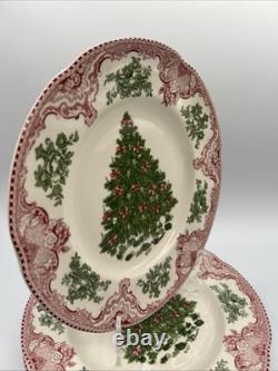 4 Johnson Bros Old Britain Castles Pink Christmas Dinner Plates Green Tree 10.5