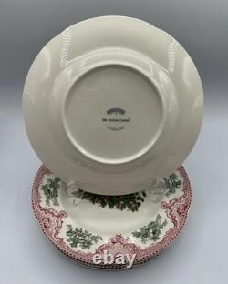 4 Johnson Bros Old Britain Castles Pink Christmas Dinner Plates Green Tree 10.5
