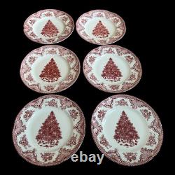 6 Johnson Bros Old Britain Castles Pink Christmas Tree 8 Salad Plates Set EXC