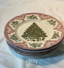 7 Johnson Bros Old Britain Castles Pink Christmas Dinner Plates Green Tree 10.5