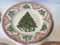 7 Johnson Bros Old Britain Castles Pink Christmas Dinner Plates Green Tree 10.5