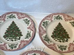 7 Johnson Bros Old Britain Castles Pink Christmas Dinner Plates Green Tree 10.5