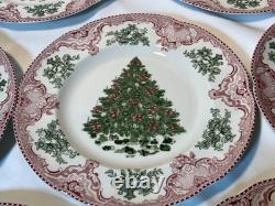 7 Johnson Bros Old Britain Castles Pink Christmas Dinner Plates Green Tree 10.5