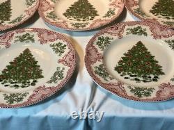 7 Johnson Bros Old Britain Castles Pink Christmas Dinner Plates Green Tree 10.5