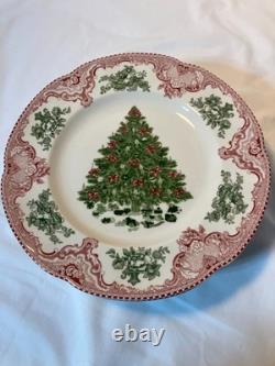 7 Johnson Bros Old Britain Castles Pink Christmas Dinner Plates Green Tree 10.5