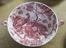 7 Johnson Brothers English Chippendale Red Pink Floral Cream Soup Bowls & Saucer