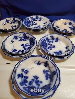 ANTIQUE 14pc FLOW BLUE CIR 1900 JOHNSON BROS ENG KENWORTH PTRN BERRY/SAUCERS