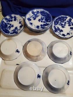 ANTIQUE 14pc FLOW BLUE CIR 1900 JOHNSON BROS ENG KENWORTH PTRN BERRY/SAUCERS