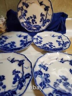 ANTIQUE 5pc FLOW BLUE CIR 1900 JOHNSON BROS ENG KENWORTH PTRN DINNER PLATES
