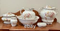 Antique Johnson Bros. Chamber Set Pitcher, Basin, Waste, Chamber, Soap, Brush