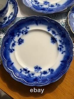 Antique Johnson Bros England Flow Blue 5-Piece Tea Set Dinner Plates Cup Saucer