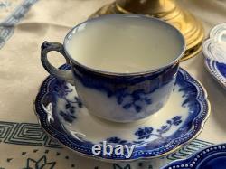 Antique Johnson Bros England Flow Blue 5-Piece Tea Set Dinner Plates Cup Saucer