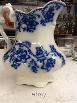 Flow Blue China Claremont Pattern Johnson Bros England Pitcher White/ Blue