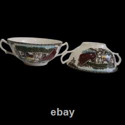 JOHNSON BROS 2 FRIENDLY VILLAGE THE ICE HOUSE Double Handle Cream Soup Bowls HTF