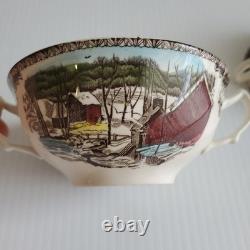 JOHNSON BROS 2 FRIENDLY VILLAGE THE ICE HOUSE Double Handle Cream Soup Bowls HTF