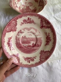 JOHNSON BROS. Old Britain Castles Pink Flat Cream Soup Bowl & Saucer Set Of 6