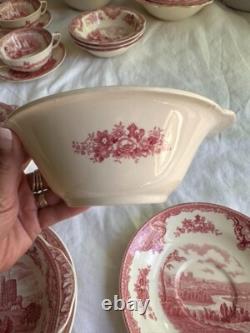 JOHNSON BROS. Old Britain Castles Pink Flat Cream Soup Bowl & Saucer Set Of 6