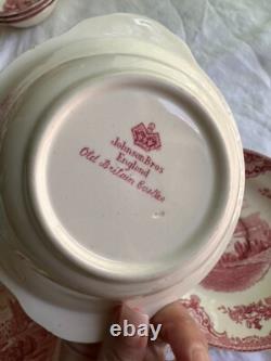 JOHNSON BROS. Old Britain Castles Pink Flat Cream Soup Bowl & Saucer Set Of 6