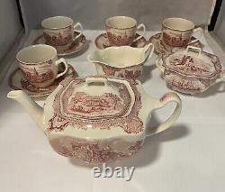 JOHNSON BROTHERS PINK OLD BRITAIN CASTLE Tea Pot, Creamer, Sugar, 4 Cups, Box