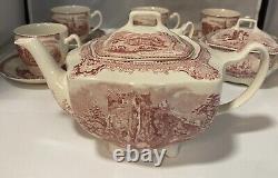 JOHNSON BROTHERS PINK OLD BRITAIN CASTLE Tea Pot, Creamer, Sugar, 4 Cups, Box