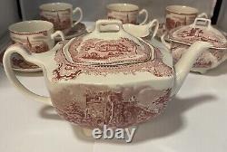 JOHNSON BROTHERS PINK OLD BRITAIN CASTLE Tea Pot, Creamer, Sugar, 4 Cups, Box