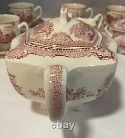 JOHNSON BROTHERS PINK OLD BRITAIN CASTLE Tea Pot, Creamer, Sugar, 4 Cups, Box