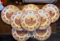 JOHNSON BROTHERS Set Of 8 Red Pink Transferware Dinner Plates Old Britain Castle