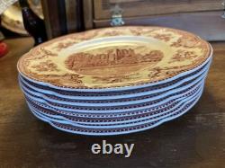 JOHNSON BROTHERS Set Of 8 Red Pink Transferware Dinner Plates Old Britain Castle