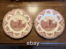 JOHNSON BROTHERS Set Of 8 Red Pink Transferware Dinner Plates Old Britain Castle