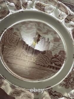 JOHNSON BROTHERS Set Of 8 Red Pink Transferware Dinner Plates Old Britain Castle