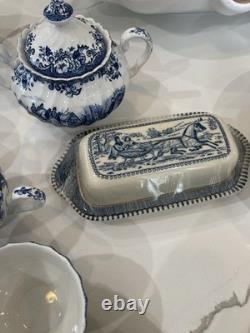 Johnson Bros Blue & White Scenic Ceramic Dinner Set Plates Bowls Cups Butter