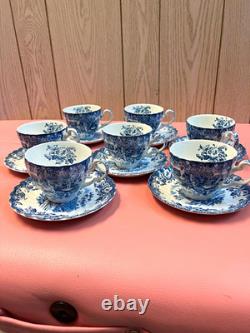 Johnson Bros Coaching Scenes Hunting Ironstone Blue/White Cup & Saucer Set 14p