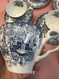 Johnson Bros Coaching Scenes Hunting Ironstone Blue/White Cup & Saucer Set 14p