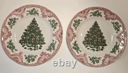 Johnson Bros Old Britain Castles Pink Christmas 2 Dinner Plates Green Tree 10.5