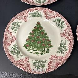 Johnson Bros Old Britain Castles Pink Christmas 4 Dinner Plates Green Tree 10.5