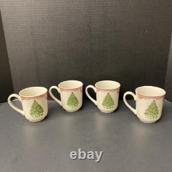 Johnson Bros Old Britain Castles Pink Christmas 4 Mugs Green Tree NOS