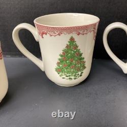 Johnson Bros Old Britain Castles Pink Christmas 4 Mugs Green Tree NOS