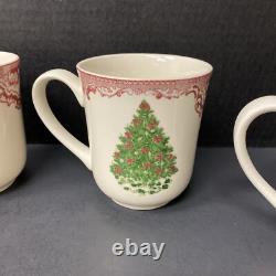 Johnson Bros Old Britain Castles Pink Christmas 4 Mugs Green Tree NOS