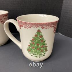 Johnson Bros Old Britain Castles Pink Christmas 4 Mugs Green Tree NOS